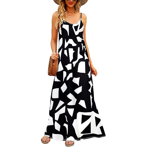 Black White Race Checkered Flag Printed Womens Summer Maxi Dress Casual Spaghetti Strap Sleeveless Sundress S