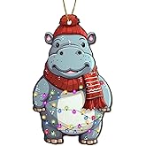 365RUSTIC Hippo Christmas Tree Ornament - Cute Hippopotamus Keepsake - Animal Decoration - 2 Side Printed Wooden Christmas Ornament
