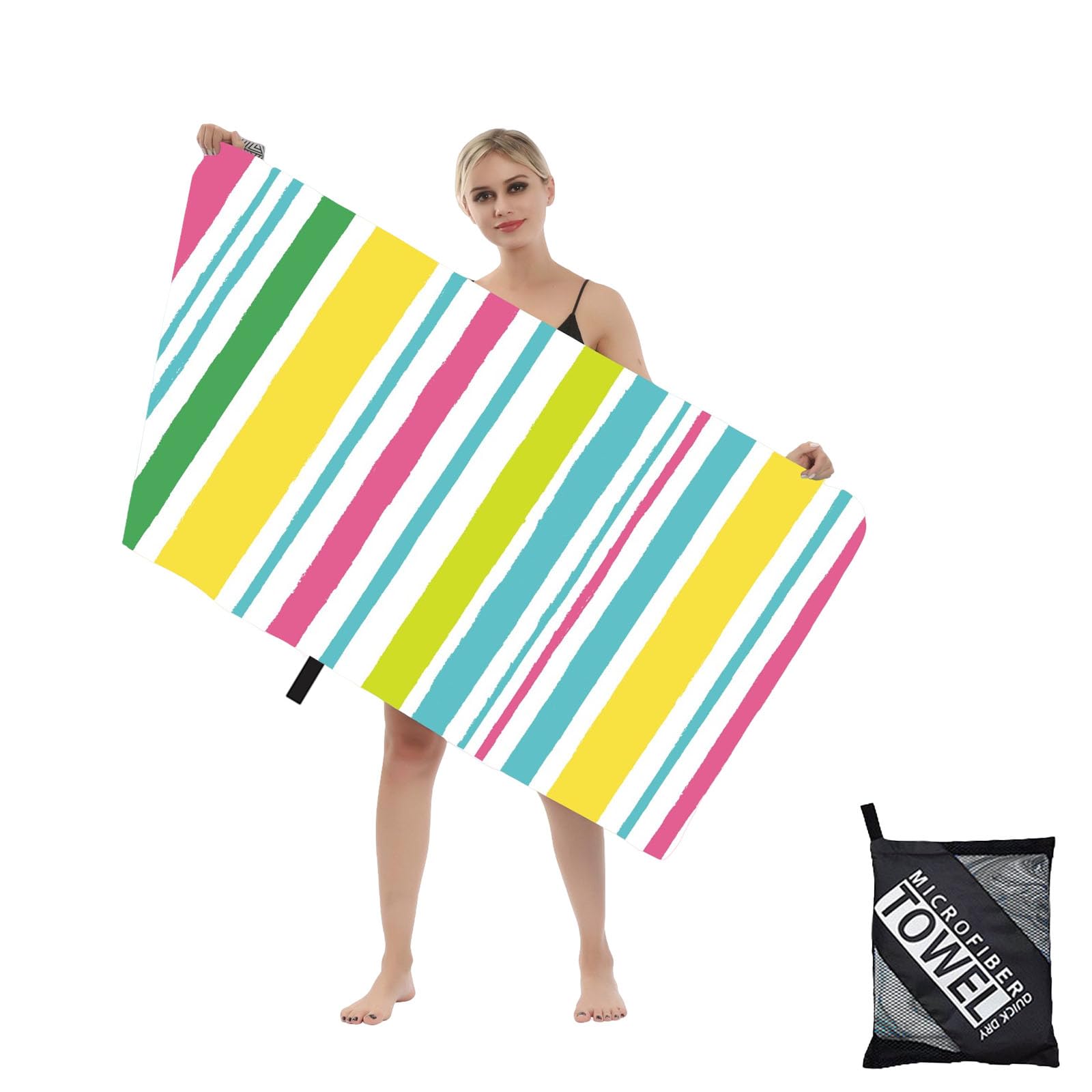 Large Microfibre Sand Free Beach Towel, 160x90cm Double Sided Striped, Lightweight Quick Dry Travel Swimming Towel with Bag, Compact and Thin for Women & Men