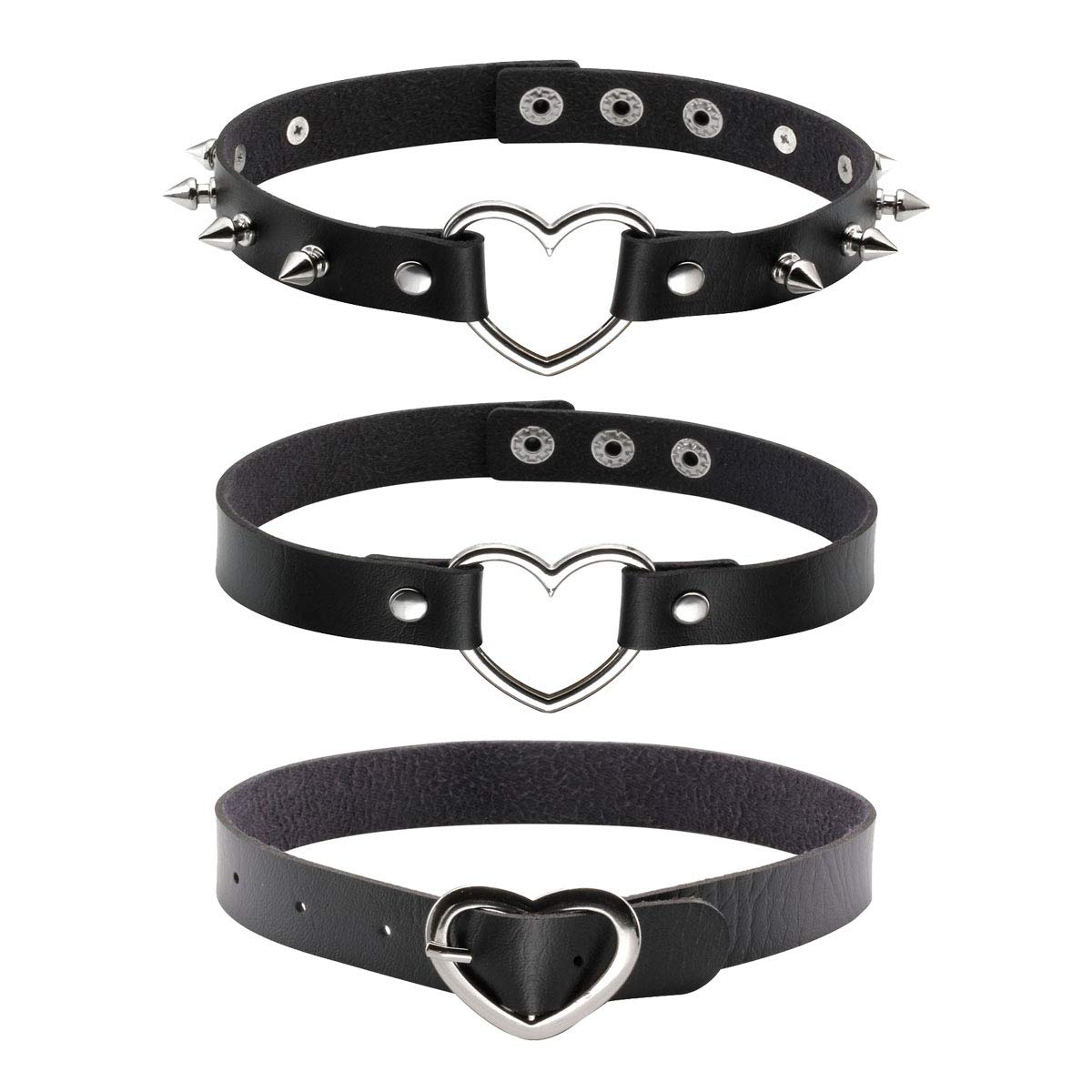 Eigso 3Pcs Choker Necklace for Women Black PU Leather Punk Goth Charm O-ring Heart Shape Hoop Collar