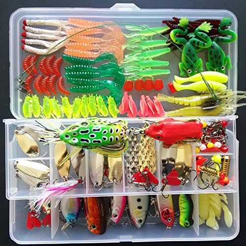 QAZZ 130pcs Fishing Lure Set Kit Lots With Tackle Box Artificial Bait Lure Plastic Fishing Lures Minnow Popper Pencil Crank Rattle with Hooks Metal Spoon Hard Baits Fresh Water