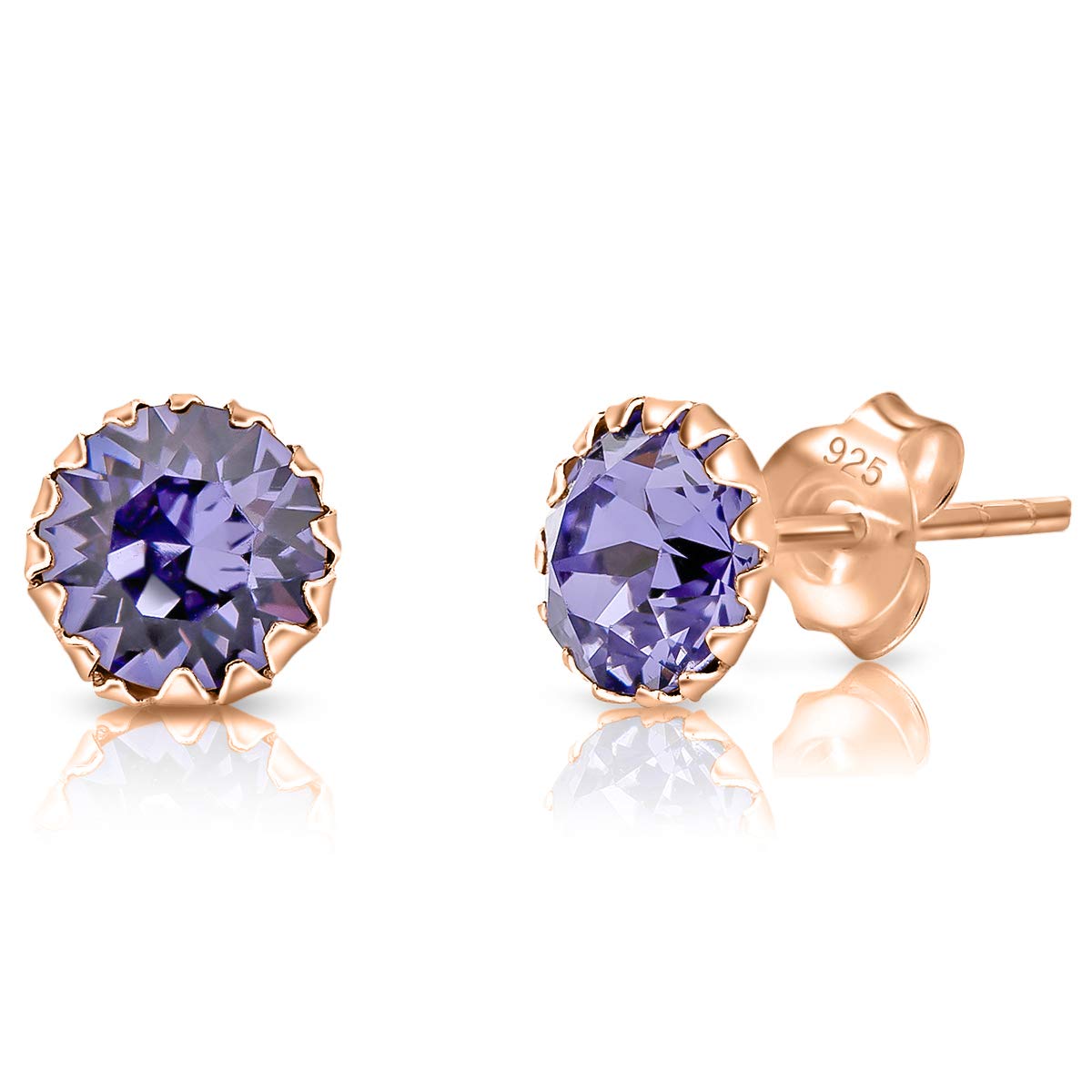 DTPSilver - 925 Sterling Silver Rose Gold Plated Round Stud Earrings made with Glittering Crystals from Swarovski® Elements - Diameter: 6 mm - Colour : Tanzanite