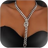 ALRNBY Heart Slip Chain Necklace Chunky Gold Silver Lariat Y Necklace for Women Chunky Puffy Heart Choker Stainless Steel Punk Trendy