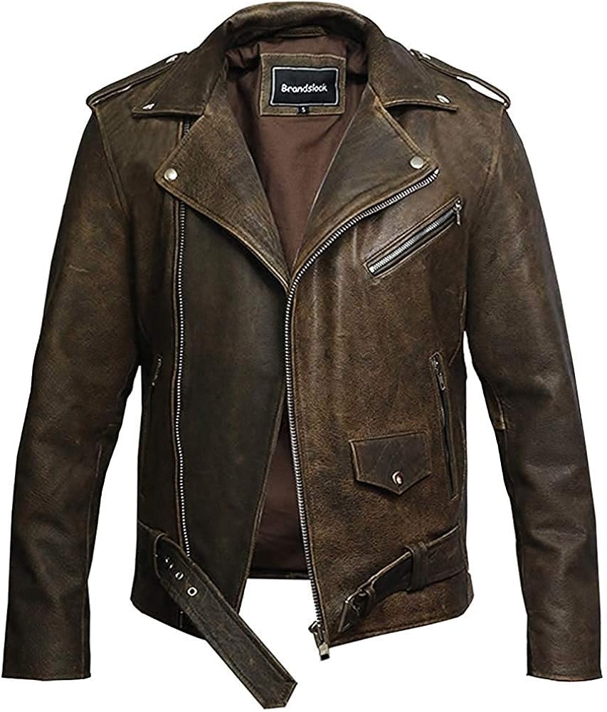Brandslock Mens Genuine Leather Biker Jacket Cowhide Brando