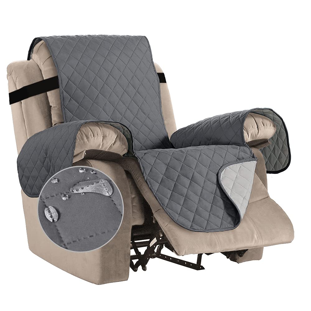 Bestenrose Waterproof Recliner Chair Covers for Armchairs Recliner Covers with Adjustable Elastic Straps Washable Quilted Sofa Slipcovers Sofa Protectors for Kids and Pets (Recliner, Gray)