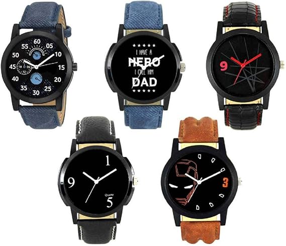 Analogue Multicolour Dial Leather Strap Mens Watch (24678) -Combo of 5