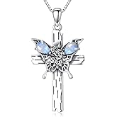 MILKYX Rainbow Moonstone Necklace for Women 925 Sterling Silver Butterfly Cross Pendant with Natural Gemstone June Birthstone Gift Elegant Jewelry