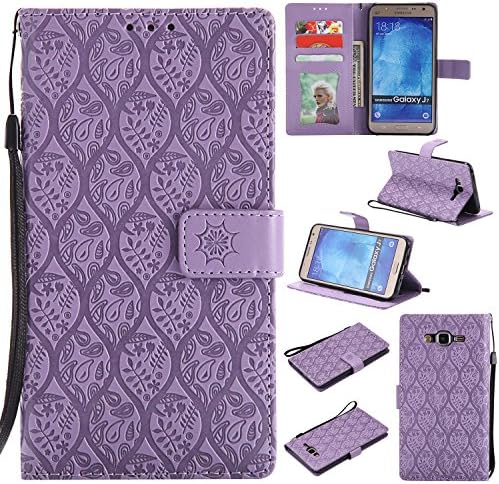 Galaxy J7 2015 Wallet Case -MOONESS Embossing Fashion Floral PU Leather Case,Magnetic Flip Kickstand Cover Card Holders &amp; Hand Strap for Samsung Galaxy J7 2015(T-Purle)