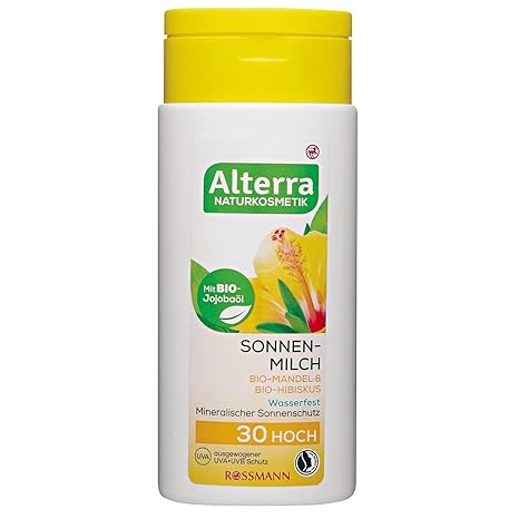 Alterra Sonnenmilch Bio-Mandel & Bio-Hibiskus 200 ml LSF 30, mit Bio-Jojobaöl, wasserfest, mineralischer Sonnenschutz, ausgew