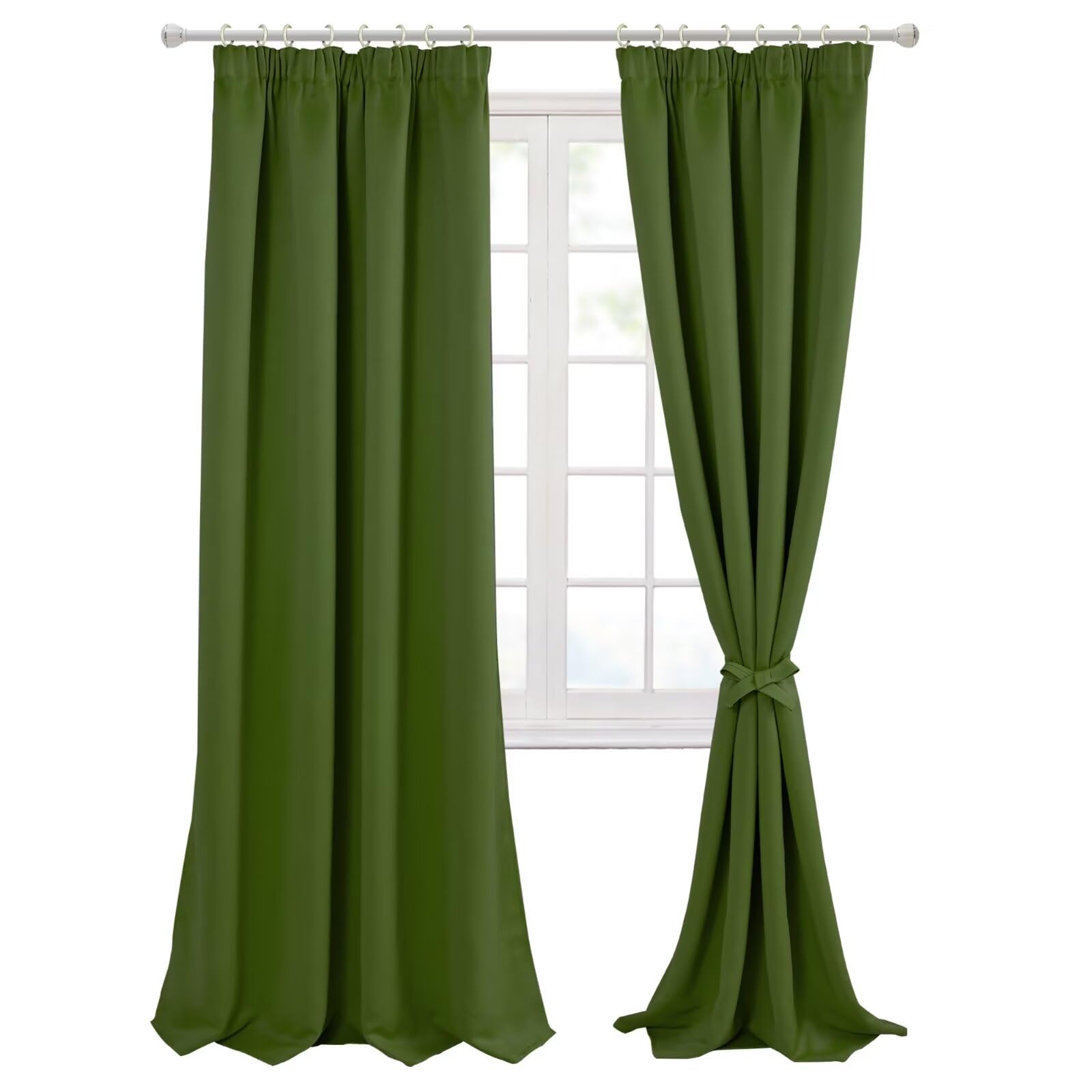 Hiasan Pencil Pleat Blackout Thermal Insulated Curtains, Bedroom and Living Room with Tiebacks, Energy Saving and Noise Reducing, 2 Panels, 46 x 90 Inch, Green