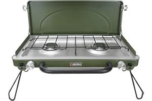ONLYFIRE OUTDOOR LIVING ONLYFIRE Portable Camping Stove 2-Burner, Propane Camp Stove with Foldable Legs, Camping Grill Stove with Adjustable Burners, Heavy-Duty Latch & Handle for Camping Tailgating RV BBQ, Green