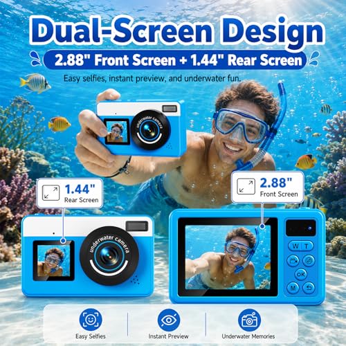 Maxmango D70 4K Macchina Fotocamera Subacquea - 48MP 10FT Fotocamera Digitale Impermeabile per Snorkeling - Doppio Schermo Compatta Galleggiante con 32GB - Batteria 1200mAh per Bambini e Ragazzi (Blu)