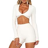 Dressmine Long Sleeve Crop Tops for Women Twist Gym Workout Pilates Yoga Outfits Midium Support V Neck Athletic Wear