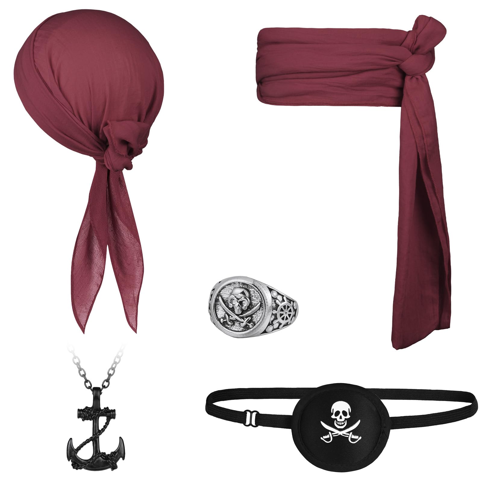 Alaoo 5 Pcs Pirate Costume Accessories Set, Captain Accessories with Bandana Sash Belt Eye Patch Anchor Pendant Chain, Medieval Renaissance Pirate Costume for Halloween Party, Wine Red โ image 1