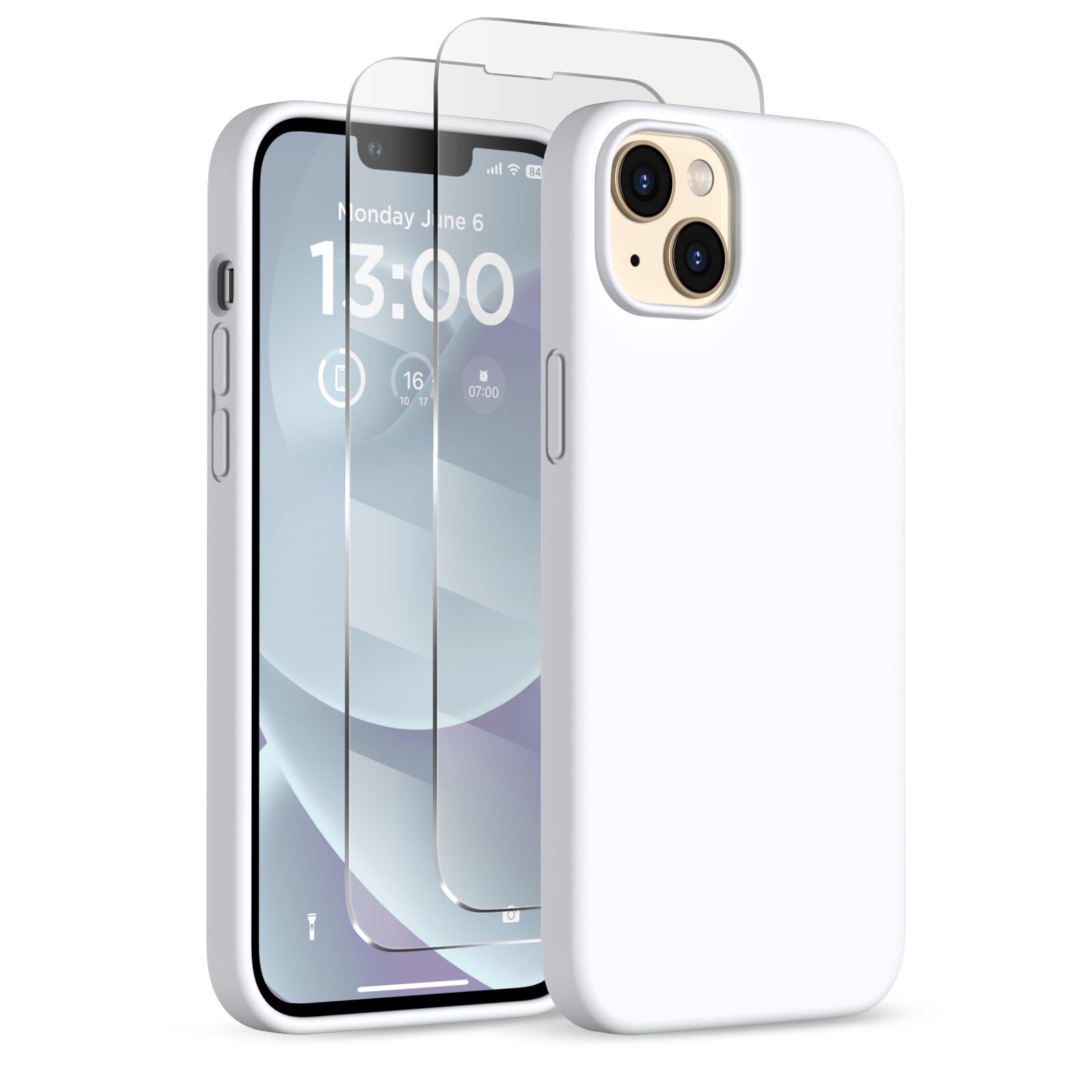 COFFKER for iPhone 13 Phone Case with [2X Screen Protectors], Liquid Silicone Shockproof Protective with Soft Anti-Scratch Microfiber Lining Slim Thin Case for iPhone 13 6.1 inch, White