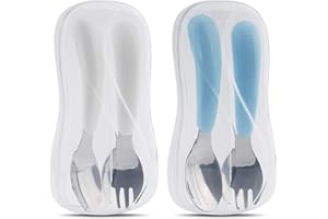 Kirecoo 2 Set Toddler Utensils, Toddler Forks and Spoons, Stainless Steel kids Silverware Set, Designed for Self Feeding Flatware Utensils with Travel Carrying Cases BPA Free (White & Aqua)