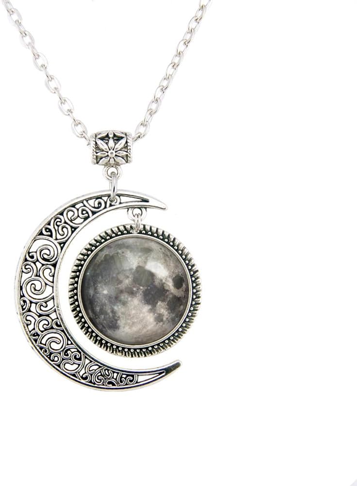 Amazon Com Grey Full Moon Necklace Space Picture Moon Pendant And White Pear Bracelet Gem Crescent Jewelry Street Dance Costume Accessories Cool Jewelry