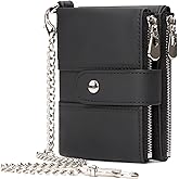 LAREET Mens Wallet with Chain, Genuine Leather Wallet RFID Blocking Bifold Purse Zipper Coin Pocket with Anti-Theft Chain