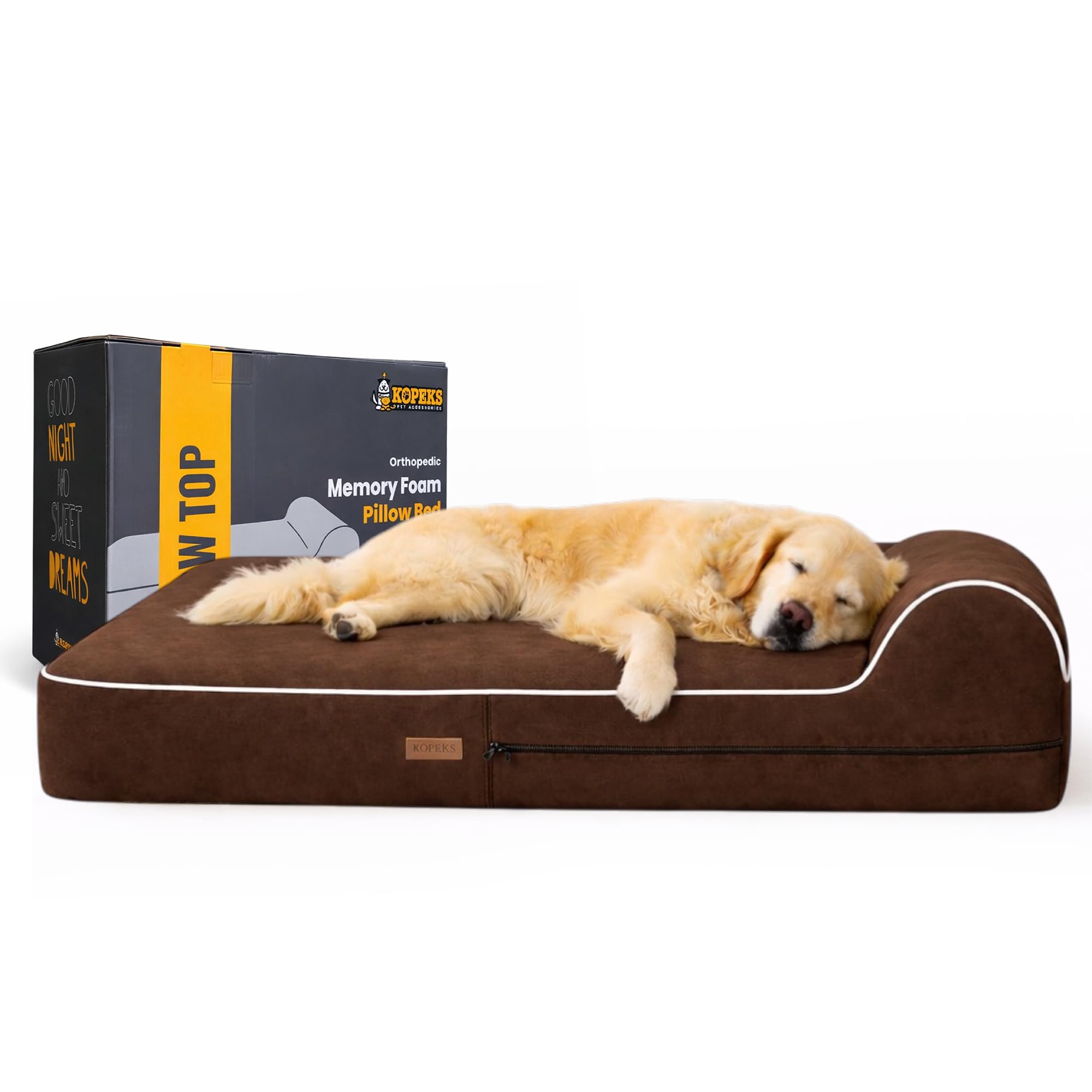 KOPEKS Jumbo Orthopedic - 7-inch Thick Memory Foam Pet Bed with Pillow - Removable Cover, Anti-Slip Bottom - Free Waterproof Liner Included - Sturdy Beds for Large Breed Dogs - Modern, Big