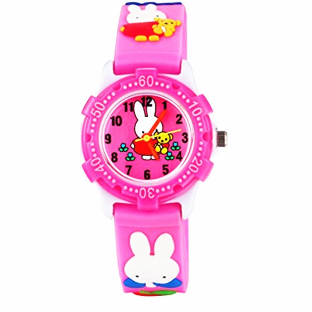 ele ELEOPTION Children's Watch Waterproof 3D Cute Cartoon Round Dial Silicone Rubber Band Quartz Wrist Watch Xmas Gift for Little Girls Boy Kids Children Environmental Friendly - Rabbit, Pink