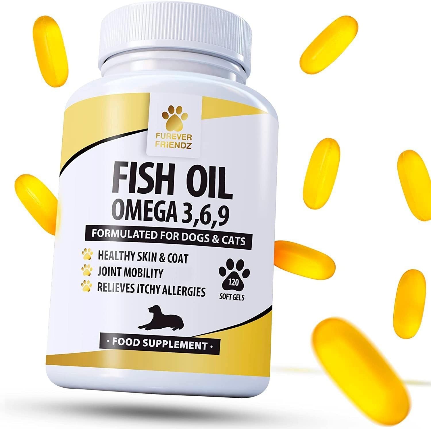Fish Oil Omega Supplements for Dogs and Cats - 120 Softgels for Pets - Great for Itchy Dry Skin, Allergies & Dandruff • Furever Friendz