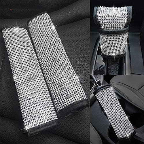 Dotesy 4pcs/Set Crystal Diamond Seat Belt Cover & Gear Shift Knob Cover & Handbrake Cover - Rhinestone Leather Handcraft Sparkling Bling Car Accessories for Women Universal Fit: Automotive
