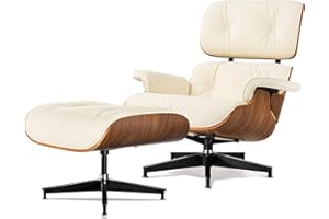 Tranqu Mid Century Chaise Lounge Chair with Ottoman Top White Grain Leather High-Resilience Foam Cushions Ergonomic Design for Living Room Study Lounge Office Walnut Ivory White