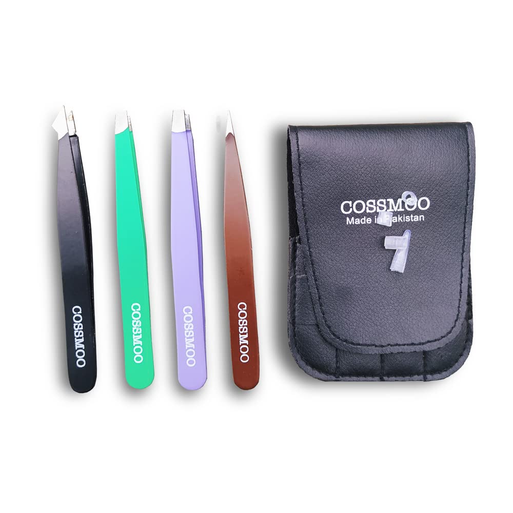 COSSMOO 4 Pcs Stainless Steel Tweezers Set - Eyebrow & Ingrown Hair Plucking Tweezers - Silver