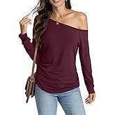 Eachyes Womens Off Shoulder Side Ruched Shirt Long Sleeve Casual Boat Neck Tee Loose Fit Y2K Going Out Top Fall Blouse