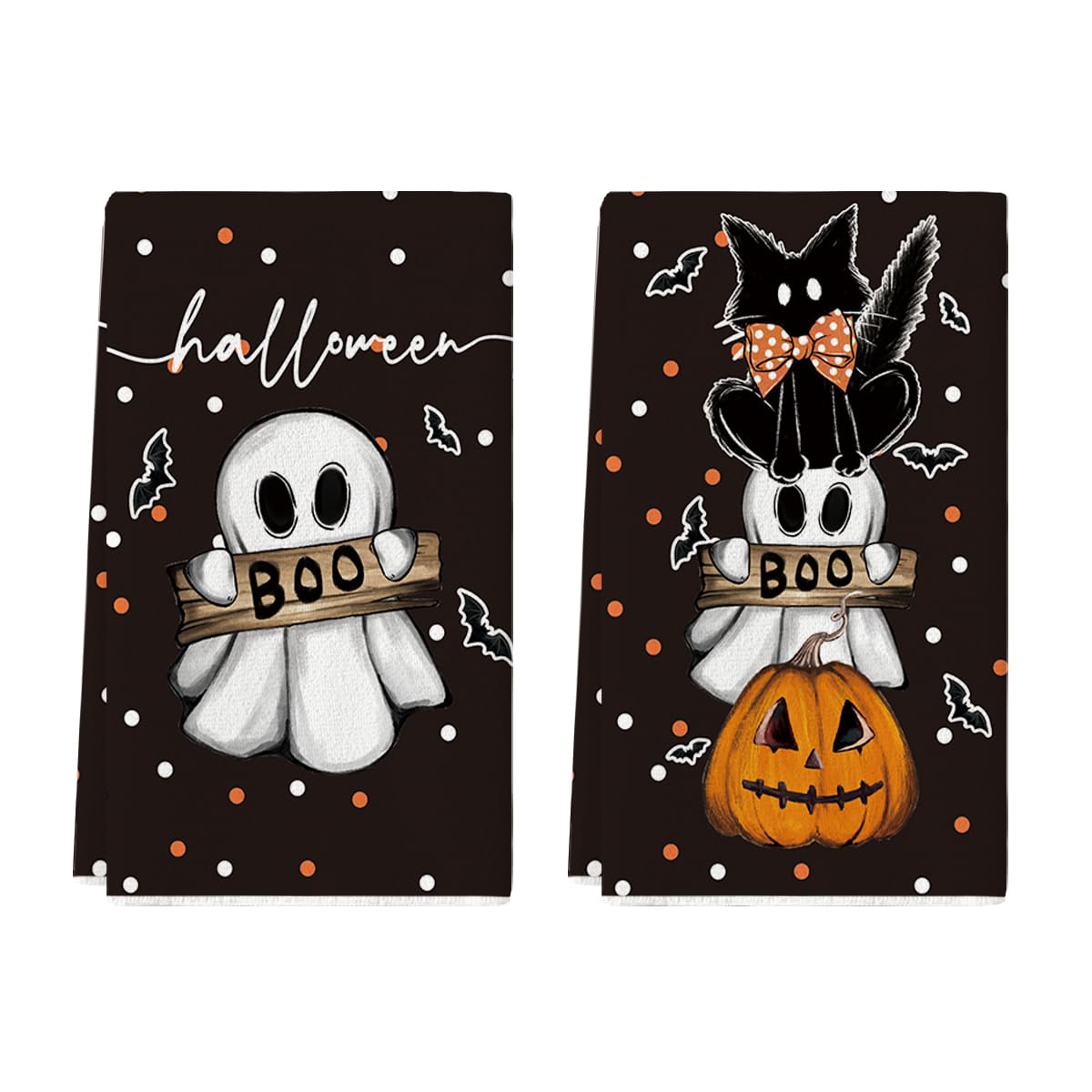 Photo 1 of Artoid Mode Black Cat Pumpkin Ghost Halloween Kitchen Towels Dish Towels, 18x26 Inch Bats Jack-O'-Lantern Decoration Hand Towels Set of 2