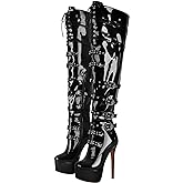 richealnini Women's Platform Thigh High Boots with Zippers and Rivets Lace Up Buckle Heels Over Knee High Boots