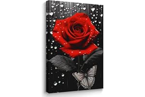 ANCROUTERY Rose Canvas Wall Art Black Red Floral with Butterfly Painting Dark Romance Rose Pictures for Bedroom Bathroom Deco