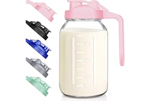 Wide Mouth Mason Jars 32 oz with Pour Spout Lids, SNGKMSYG 1 Quart Glass Pitcher with Lid, Double Leak Proof Breast Milk Pitcher for Fridge, Coffee, Water, Iced Tea (Pink, 32oz, 1 Pack)
