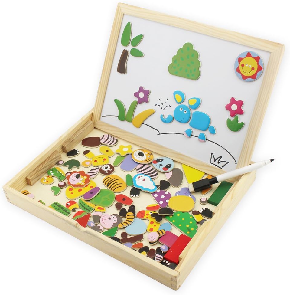 Eshowy Wooden Toys Animal Easel Doodle Drawing Board Jigsaw Blackboard Toy For Children