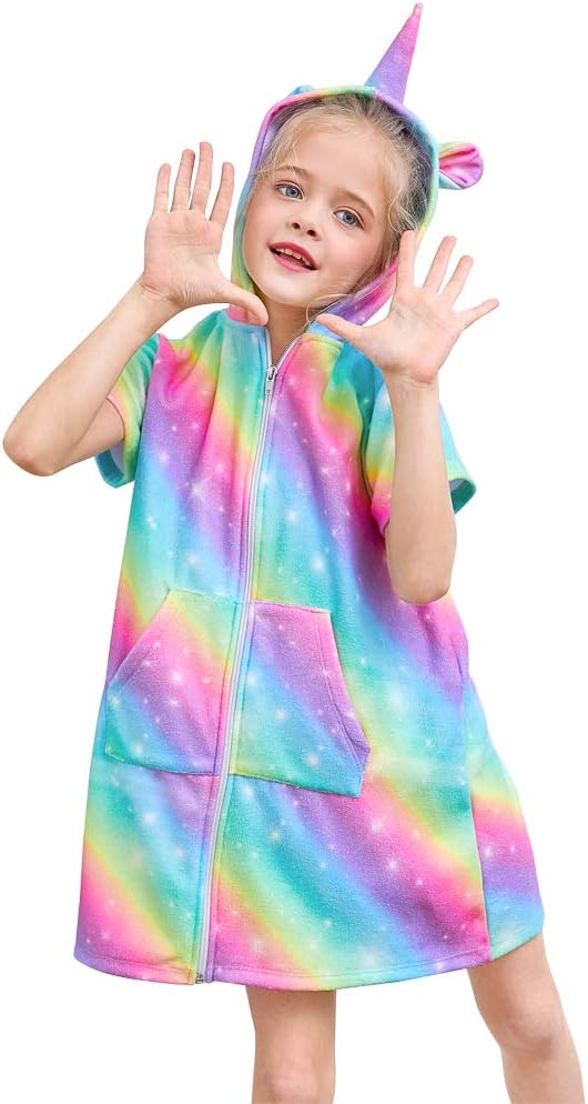 Beinou Unicorn Cover Up for Girls Rainbow Purple Terry Cover Ups Beach Dress