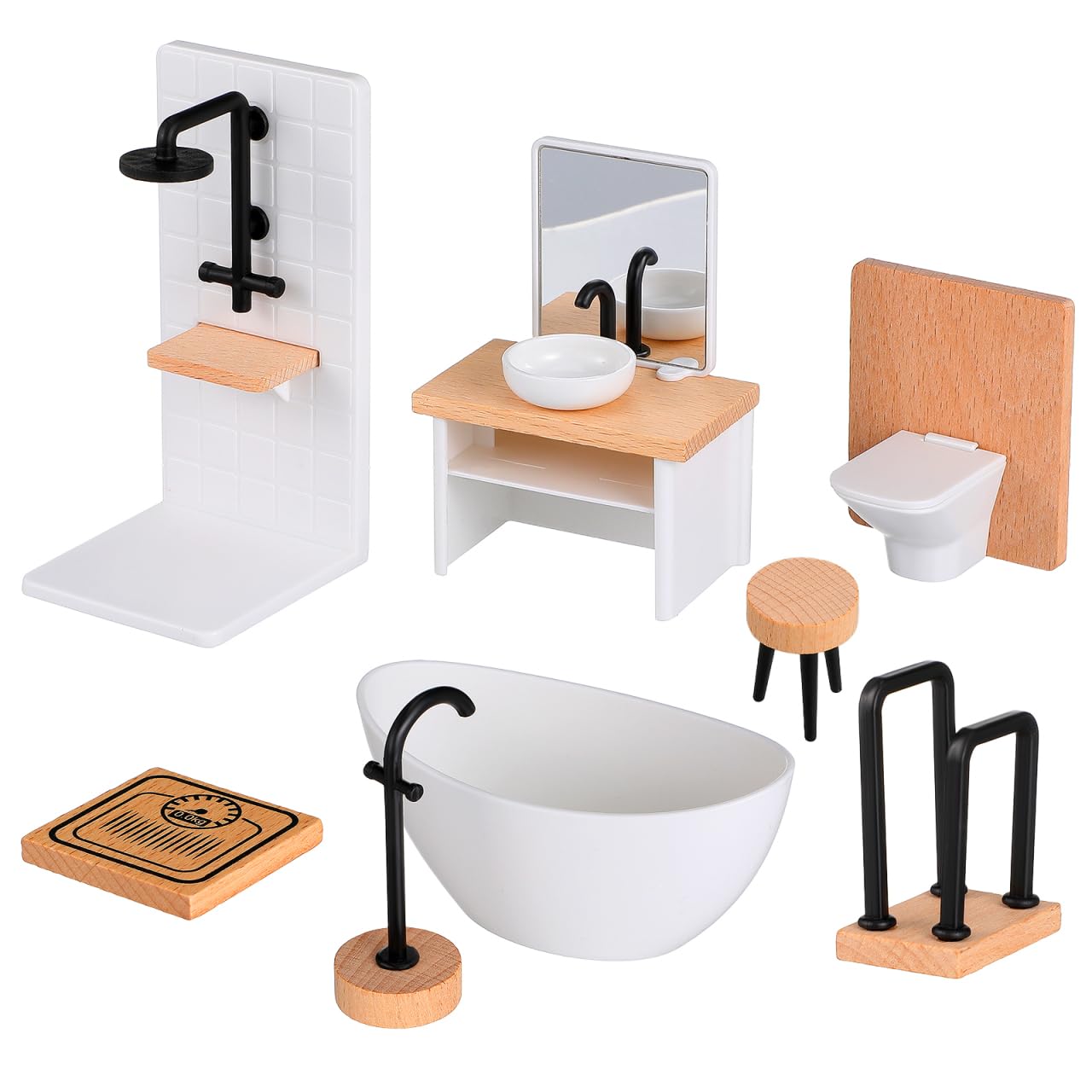 NOLITOY 1:12 Scale Dollhouse Bathroom Furniture Set, Realistic Miniature Wooden Toilet, Sink & Shower Room Model, Hand-Polished 3-Piece Mini Bathroom Accessories for Doll House Decor & Pretend Play