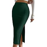 Ladybranch Women's Casual Midi Ribbed Knit Skirt with Side Slit Stretchy Work Business Casual Pencil Pull-On Skirts