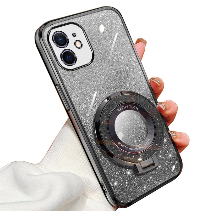 IMIRST Glitter Case for iPhone 11 (6.1'') Transparent Soft TPU Plating Pouch with Big Ring Holder Stand Girly Women Gradient Phone Cover for Apple iPhone 11. DS Black