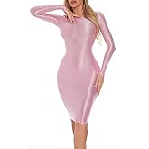 FEOYA Women Sheer Bodycon Dress Shiny Glossy Metallic Dress Silky Tight Pencil Dress for Club Party Cosplay