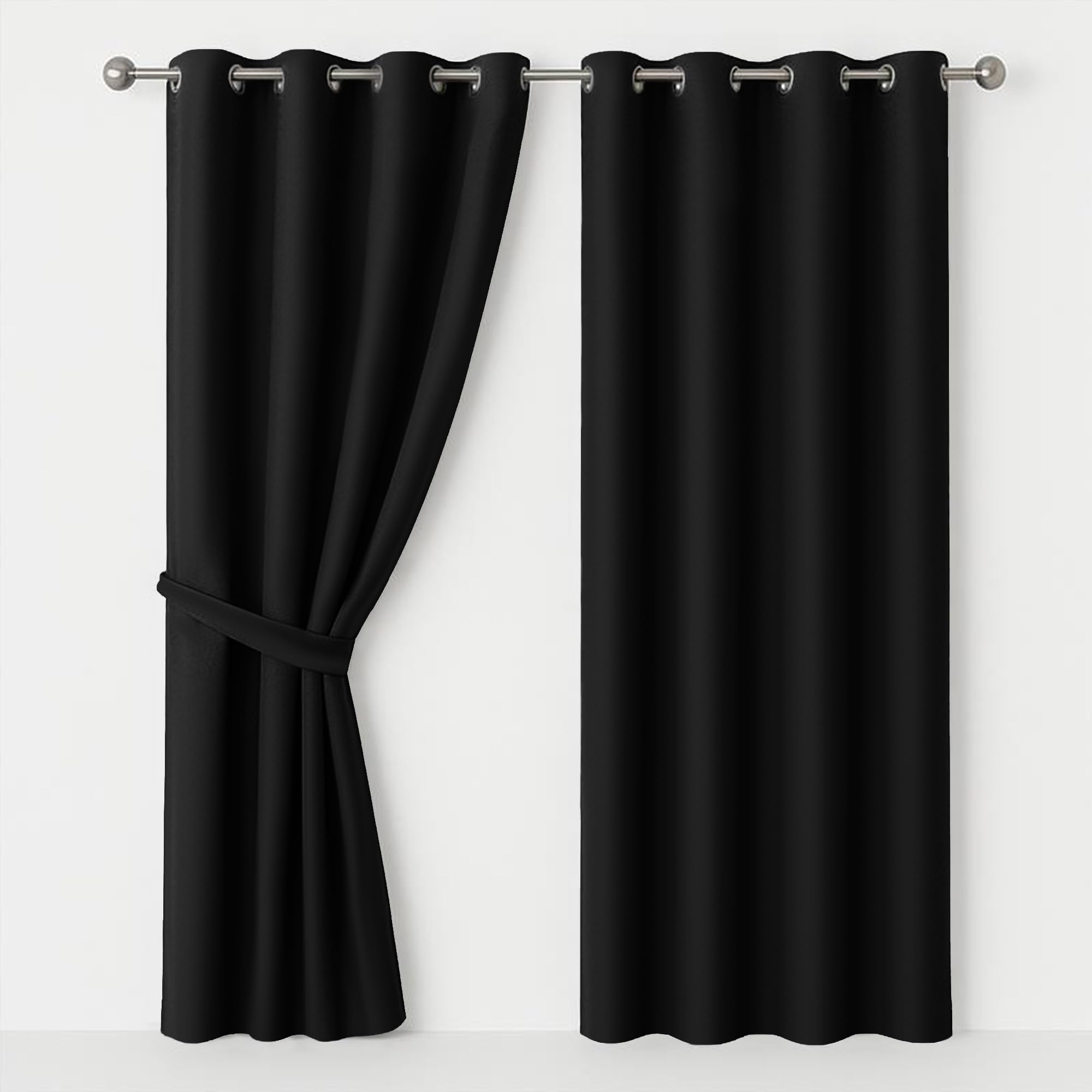 AMEHA Eyelet Blackout Curtains for Bedroom Soundproof Thermal Insulated Ring Top Kitchen Black Curtain 46x54 Inch, 2 Pieces with Tiebacks — image 1