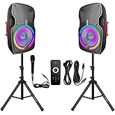 EXOTON EX-15A 15 inch Professional Dual Powered PA Speakers, 1200 Watts Active&Passive Loudspeakers, PA System Combo Set with Microphone/Tripods/Remote Control/Bluetooth/USB/LED Light, Indoor&Outdoor