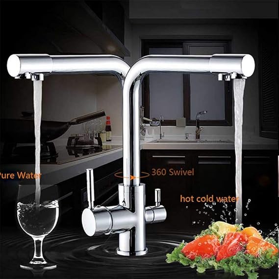 TAOXIXIX Grifo de cocina cromado Caño giratorio doble Filtro de agua