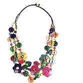 YAZILIND Vintage Antique Woven Wood Bead Bohemia Flower-shape Coconut Shell Charms Pendent Statement Collar Necklace Chunky Layered Handmade Beaded Long Necklaces for Women(colorful)