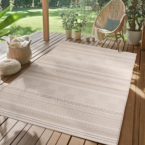 SIMPEX Outdoor Teppich Beige 280x370 cm Wetterfest UV-beständig Pflegeleicht Skandinavisches Boho Design für Küche Balkon Terrasse Garten Wohnzimmer