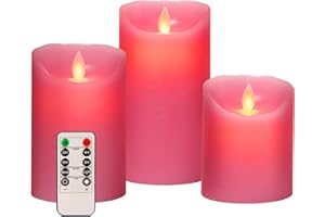 AKU TONPA 3" x 4" 5" 6" Set of 3 Flickering Flameless Candles Battery Operated Pillar Real Wax Electric LED Candle Set with Remote Control and Timer (Pink)