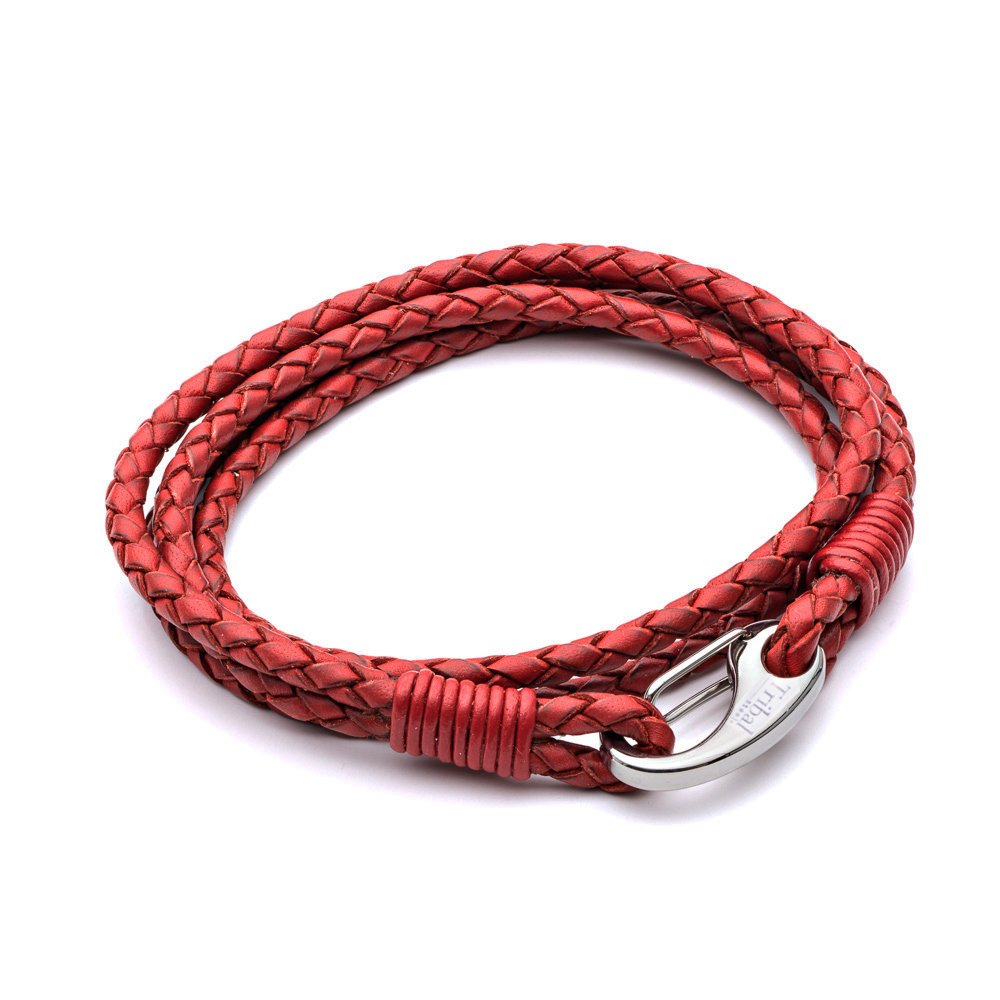 Men's Leather Bracelet, Red Braided Double Wrap, Stainless Steel Shrimp Clasp, 21cm Standard Size For Men by Tribal Steel
