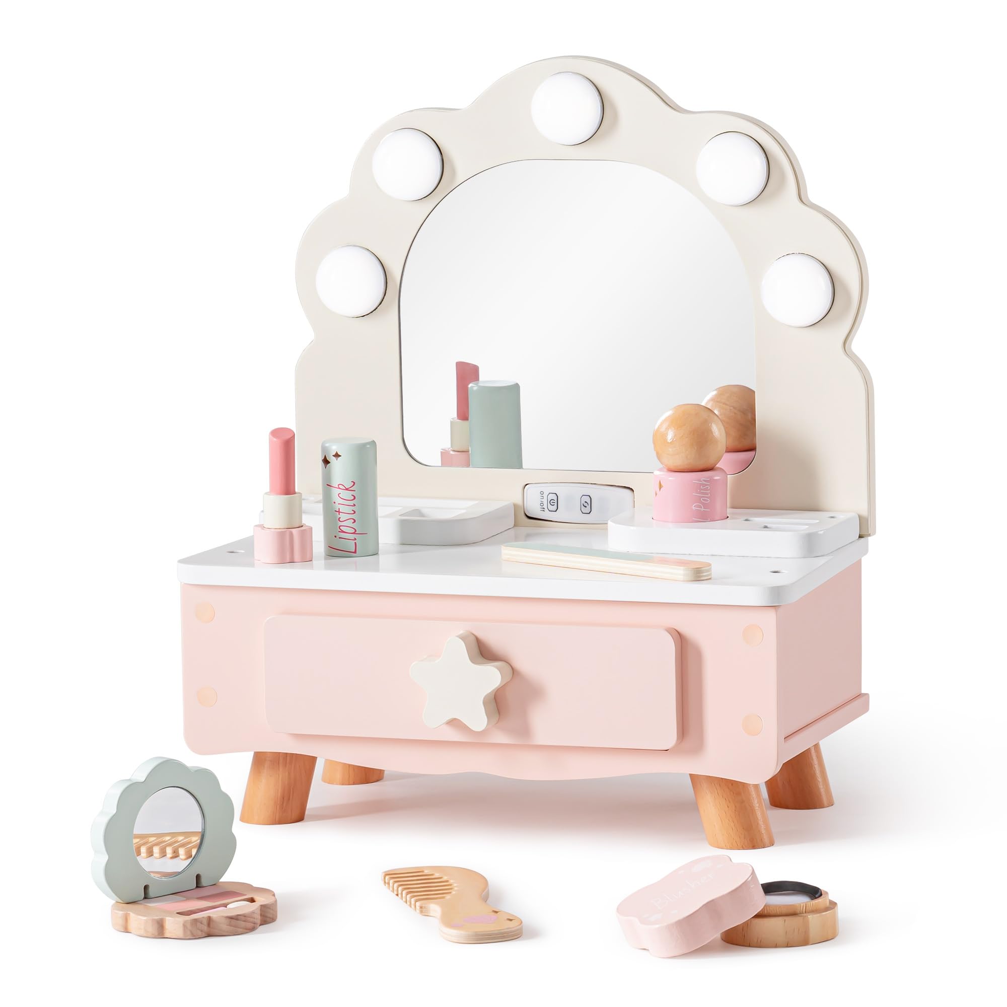 ROBUD Kids Makeup Dressing Table Set, Wooden Girls Vanity Table with Mirror & Light, Kid Role Play Pretend Make Up Toys Kit, Gifts for 3 4 5 6 7 8 Years Old Girls