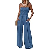 AUXDIO Womens Casual Strapless Summer Jumpsuits Loose Off Shoulder Smocked Sleeveless Wide Leg Romper with Pockets