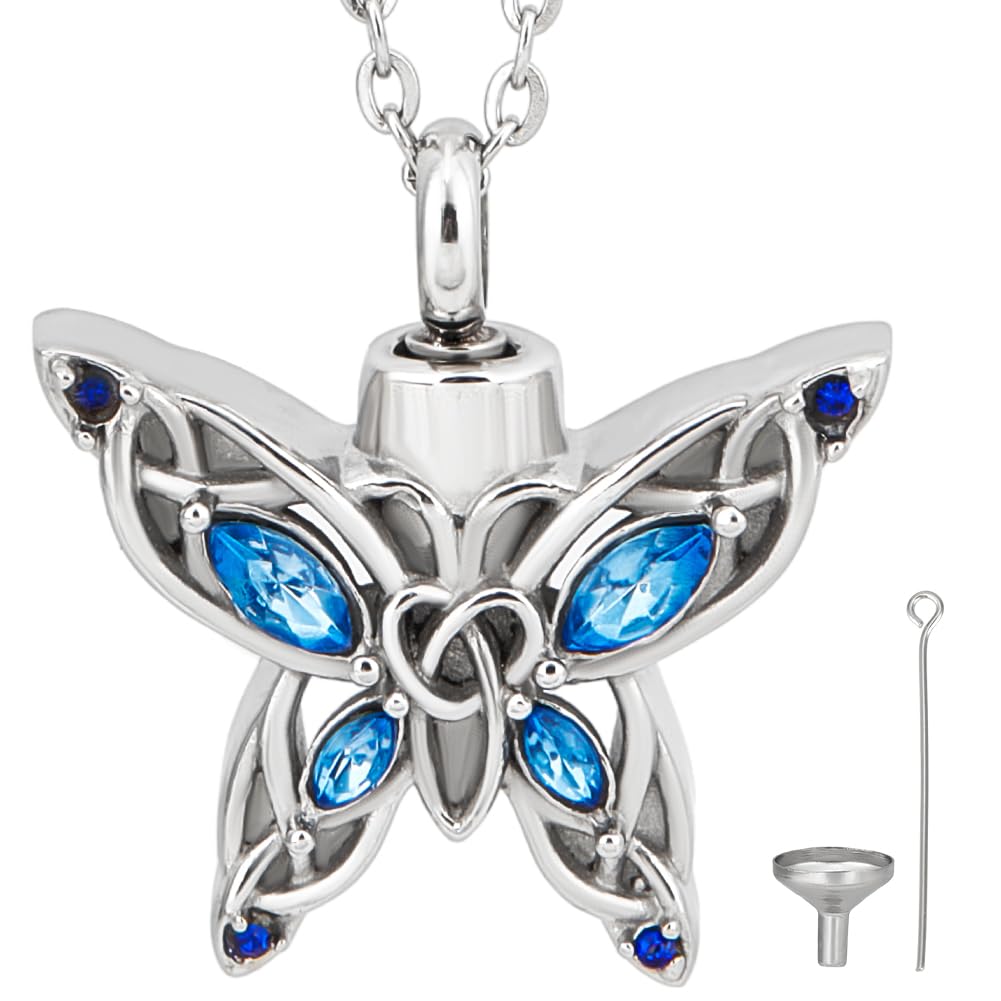 CREATCABIN Butterfly Cremation Urn Necklace for Ashes Keepsake Cremation Jewelry Mini Blue Rhinestone Stainless Steel Silver Memorial Pendant Crystal Urn Necklace with Funnel Pin for Human Pet 21Inch