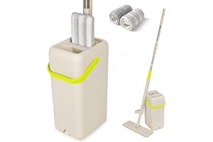 Homettler Flat Floor Mop and Bucket with Wringer Set for Home Cleaning Hands Free Squeeze Mop Bucket Set Replacement Washable Microfiber Pad for Wet & Dry Use (Mop Set)
